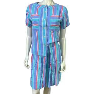 Jaclyn Smith Striped Rayon Skirt Set Blue Pink Green Size 6 Vintage 90s